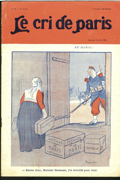 Illustrazione di Ricardo Flores (1878-1918) per la Copertina di Le Cri de Paris, 09/07/11 - "Entra cara signora, ho lavorato per te." - Germania Prussia, Marocco, Maghreb - Germania da Ricardo Flores