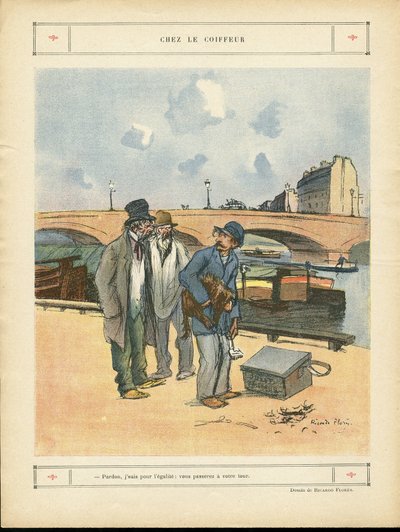Illustrazione di Ricardo Flores (1878-1918) in Le Rire, 05/10/12 - Dal barbiere - Parigi, Mestieri, Architettura Urbanistica, Ponte, Fiume - Cane, Barbiere da Ricardo Flores