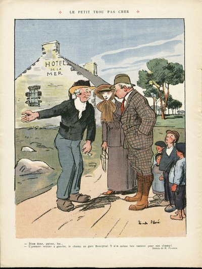 Illustrazione di Ricardo Flores (1878-1918) in Le Rire, 20/07/12 - Il piccolo buco economico - Campagna, Moda, Marina Marittima, Moda Maschile, Turismo Turisti, Hotel da Ricardo Flores