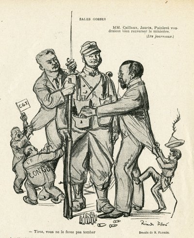 Illustrazione di Ricardo Flores (1878-1918) in Le Rire, 21/06/13 - Bambini in vendita - Esercito, Servizio Militare, Socialismo - Jaurès Jean, Caillaux Joseph (1863-1944), Painlevé Paul (1863-1933) da Ricardo Flores