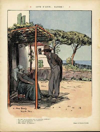 Illustrazione di Ricardo Flores (1878-1918) in Le Rire, 24/02/12 - Costa Azzurra... rapidità - Medico, Campagna, Marina, Costa Azzurra da Ricardo Flores