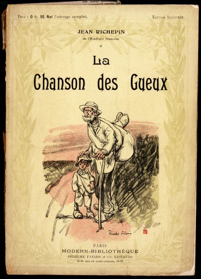 Vecchio e bambino, con nodi da viaggio e scarpe avvolte in stracci, su una strada, illustrazione di Ricardo Flores (morto nel 1918), per la copertina della raccolta di testi e poesie intitolata "La chanson des gueux", di Jean Richepin (1849-1926), il franc da Ricardo Flores