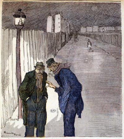 Due uomini che chiacchierano in un vicolo sinistro - disegno di Ricardon Florès da Ricardo Flores