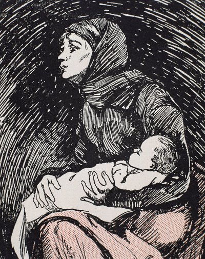 Vigilia di Natale. 1900. Una donna magra con il suo bambino in braccio (incisione) da Ricardo Maria Navarrete