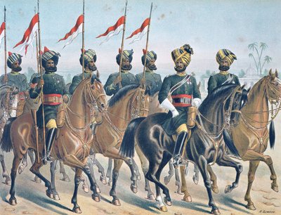 I 2° Lancieri di Bombay, ordine di revisione, Esercito Anglo-Indiano degli anni 1880 da Richard (after) Simkin