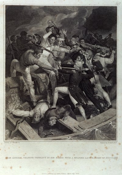 Il conflitto del retroammiraglio Nelson nella sua barca con un lancio spagnolo, notte del 3 luglio 1797, inciso da A. Smith, pubblicato da Cadell & Davies, maggio 1809 da Richard (after) Westall