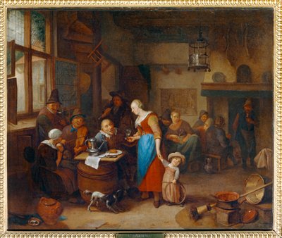 Bevitori in una taverna, un bambino in una culla - Drinkers et musiciens dans un cabaret, avec enfant au cerceau ... da Richard Brakenburg