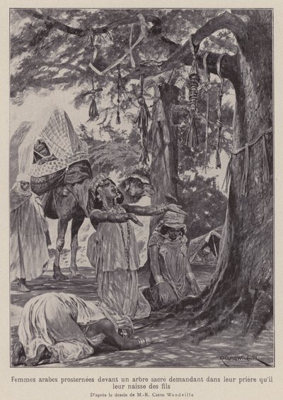 Donne arabe che si prostrano davanti a un albero sacro pregando di avere figli (litografia) da Richard Caton II (after) Woodville