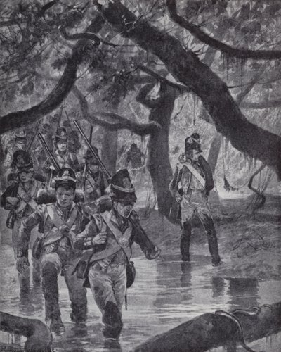 Soldati britannici che attraversano le paludi del fiume Essequibo nella Guyana britannica da Richard Caton II (after) Woodville