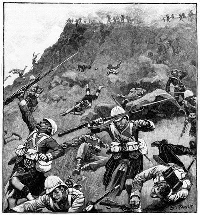 92° Gordon Highlanders in ritirata, Battaglia di Majuba Hill, 1ª Guerra Boera, 26-27 febbraio 1881 da Richard Caton II Woodville