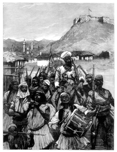 Albanesi di Scutari attraversano la Boiana per occupare Dulcigno, 1880 da Richard Caton II Woodville