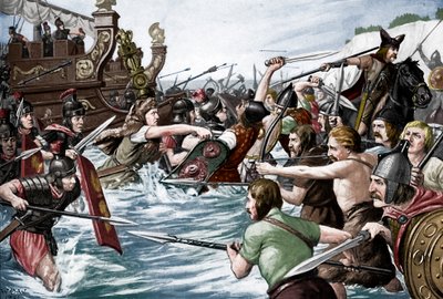 Lo sbarco di Giulio Cesare in Britannia, 55 a.C., c1920s da Richard Caton II Woodville