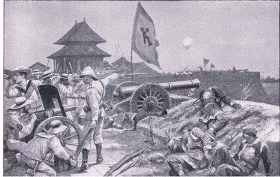 Tientsin: combattimenti sulle mura (litografia) da Richard Caton II Woodville