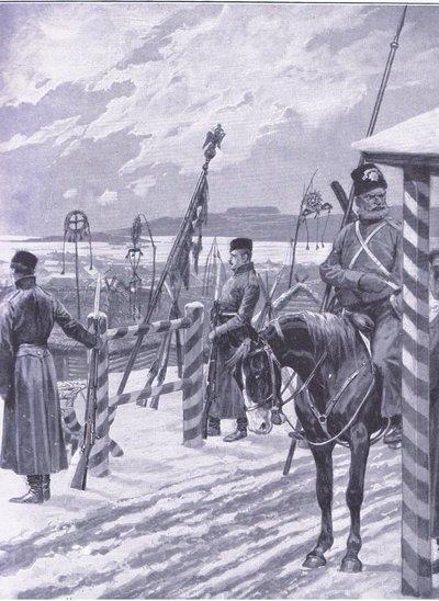 Una stazione cosacca in Manciuria con segni tribali sopra le capanne degli uomini, illustrazione da Cassells History of the Russo-Japanese War Vol 1, c.1900 da Richard Caton Woodville