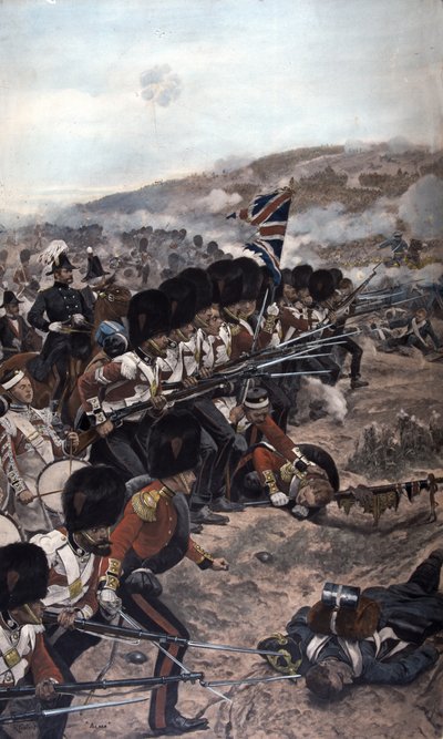 Una linea di guardie Coldstream con baionette fisse che avanzano sotto il fuoco verso il nemico, Battaglia di Alma, Guerra di Crimea (1854-56) 1896 da Richard Caton Woodville