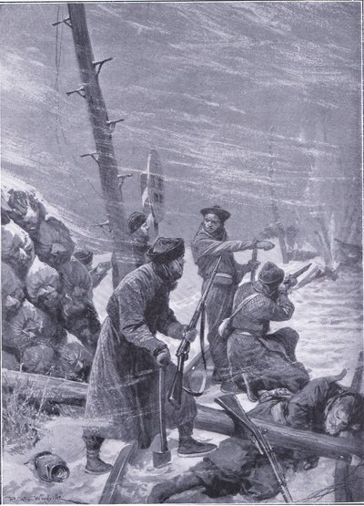 Attacco alla ferrovia da parte dei Chunchuses, illustrazione da Cassells History of the Russo-Japanese War Vol 1, c.1900 da Richard Caton Woodville