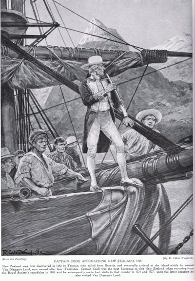 Il capitano Cook si avvicina alla Nuova Zelanda, illustrazione da 