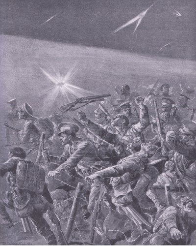 Intrappolati nei fili spinati: Attacco notturno della fanteria britannica, dalla Storia della Grande Guerra Vol 3 pubblicata da Waverley Book Co Limited, c.1920 da Richard Caton Woodville