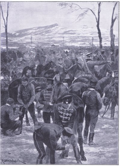 Accampamento di cavalleria giapponese a Seoul: Maniscalchi al lavoro, illustrazione da Cassells History of the Russo-Japanese War Vol 1, c.1900 da Richard Caton Woodville