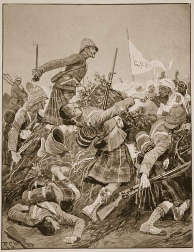 Gli Highlanders di Seaforth che assaltano lo zareba nella Battaglia di Atbara, illustrazione da 