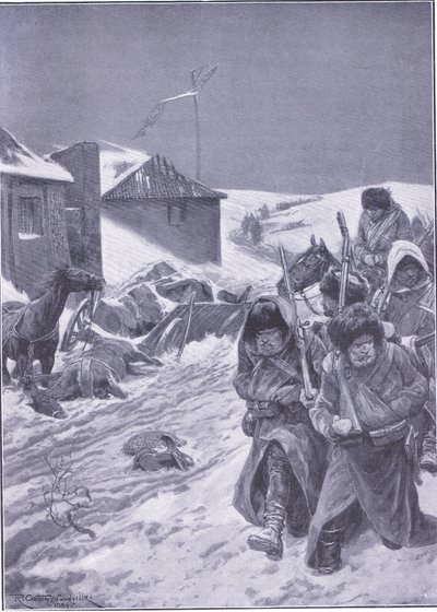 La marcia senza fine verso est: Una vista familiare lungo la strada, illustrazione da Cassells History of the Russo-Japanese War Vol 1, c.1900 da Richard Caton Woodville
