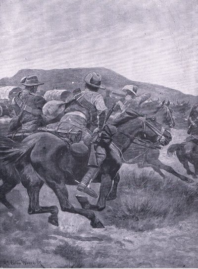 La cavalleria attacca la retroguardia e il trasporto di De Wet, da Dopo Pretoria: La guerra di guerriglia pubblicata da Harmsworth Bros Limited, 1901 da Richard Caton Woodville