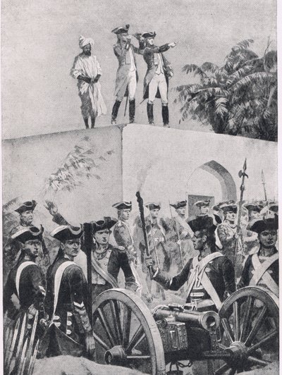 Battaglia di Plessey, 23 giugno 1757: Clive sul tetto del padiglione di caccia di Nawab Surat-ud-Daula, illustrazione da British Battles on Land and Sea, 1915 da Richard Caton Woodville junior