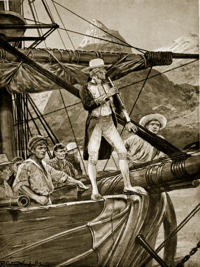 Il capitano Cook si avvicina alla Nuova Zelanda, illustrazione da 