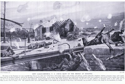 Come il caporale Lance C A Jarvis fece saltare un ponte a Jemappes vicino a Mons e vinse la VC, agosto 1914 da Richard Caton Woodville junior