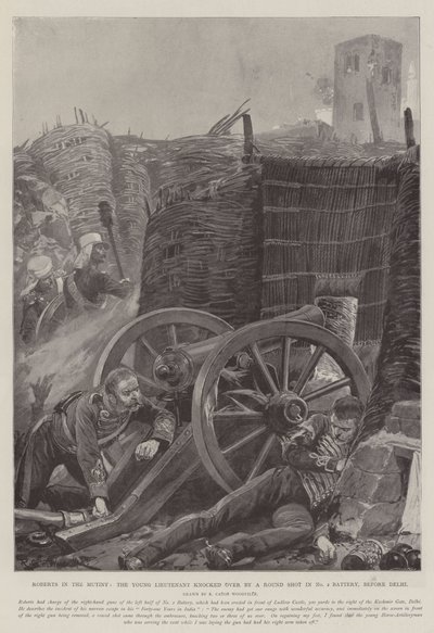 Roberts nella rivolta, il giovane tenente abbattuto da un colpo rotondo nella batteria n. 2, davanti a Delhi da Richard Caton Woodville junior