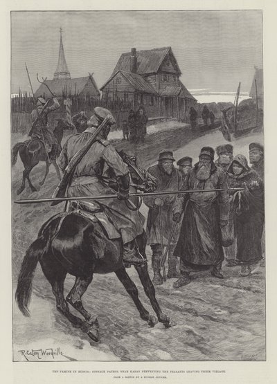 La carestia in Russia, pattuglia cosacca vicino a Kazan che impedisce ai contadini di lasciare il loro villaggio da Richard Caton Woodville junior