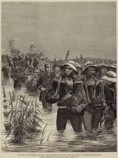 La guerra Zulu, marinai della HMS Shah attraversano il fiume per il soccorso di Ekowe da Richard Caton Woodville junior