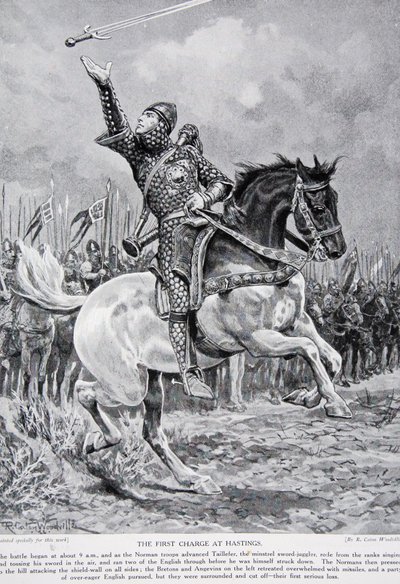 La prima carica a Hastings: Taillefer il menestrello giocoliere di spade cavalcava dalle file cantando e lanciando la sua spada in aria, 1066, illustrazione da 