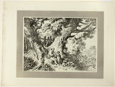 Vecchi alberi con vecchio uomo, una ragazza e un cane, dal primo numero di Specimens of Polyautography da Richard Corbould