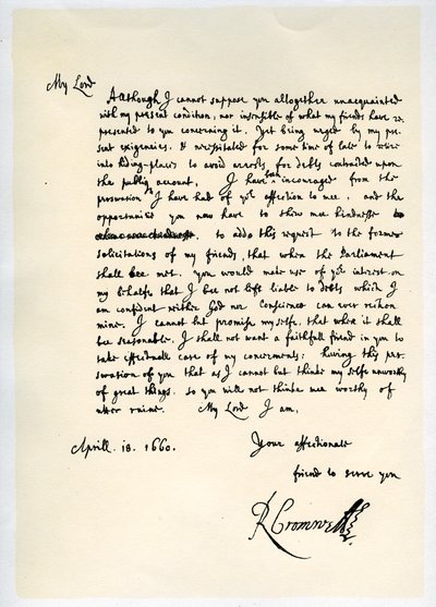 Lettera di Richard Cromwell, Lord Protettore, al generale George Monck, 18 aprile 1660 da Richard Cromwell