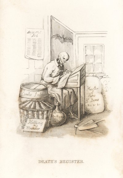 Lo scheletro della Morte e il suo libro mastro, 1827 (incisione) da Richard Dagley