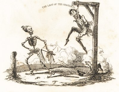 Vignetta di uno scheletro e un uomo impiccato, 1827 (incisione) da Richard Dagley