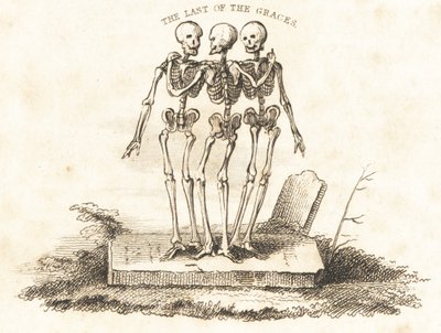 Vignetta di tre scheletri su una lapide, 1827 (incisione) da Richard Dagley