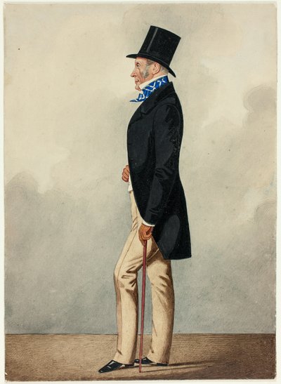 Ritratto di uomo in cappotto nero e cravatta blu e bianca da Richard Dighton