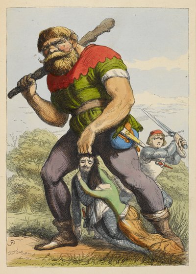 Jack che si avvicina a un gigante da dietro. Il gigante trascina un cavaliere della tavola rotonda per i capelli. Una dama tiene il cavaliere. Illustrazione a colori in un libro per bambini da Richard Doyle
