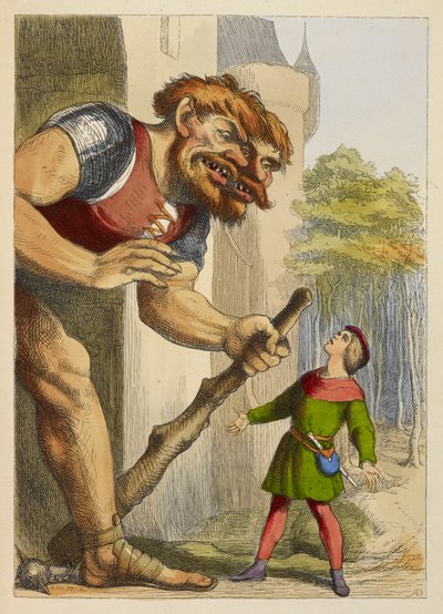 Jack che guarda un gigante con due teste. Il gigante è gallese. Illustrazione a colori in un libro per bambini. da Richard Doyle