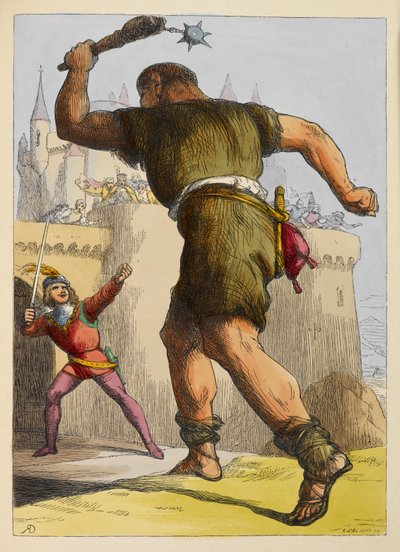 Jack pronto a combattere un gigante fuori da un castello. Illustrazione a colori in un libro per bambini da Richard Doyle