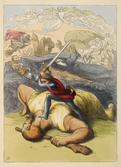 Jack in piedi sul corpo di un gigante, con la spada alzata. Illustrazione a colori in un libro per bambini. da Richard Doyle