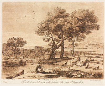 Liber Veritatis: No. 135, Un Paesaggio, con Edifici, Mercurio che Ruba il Bestiame di Admeto..., 1776 da Richard Earlom