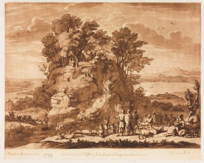 Liber Veritatis: n. 138, una vista del mare, con Cristo che predica sul monte..., 1776 da Richard Earlom