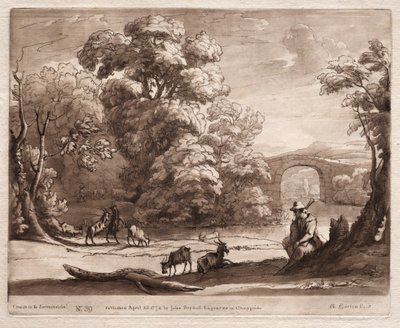 Liber Veritatis: No. 39, Paesaggio con pastore che suona una cornamusa e capre al pascolo da Richard Earlom