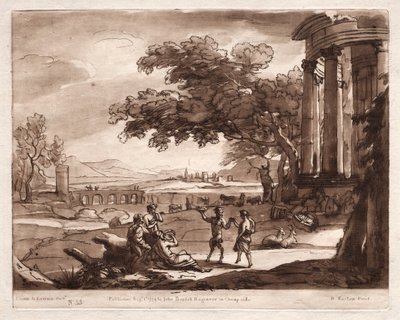 Liber Veritatis: N. 55, Un paesaggio con un tempio e una ninfa e satiro che danzano da Richard Earlom