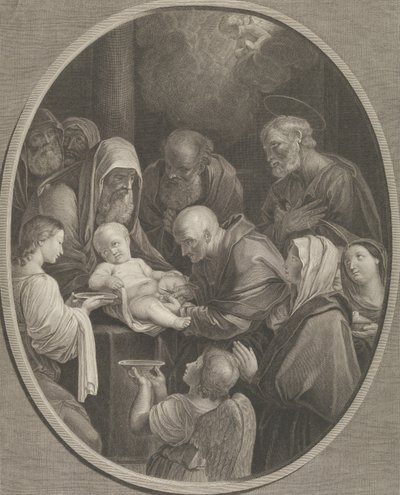 La circoncisione di Cristo, un gruppo di uomini e donne lo circondano, un angelo in primo piano da Richard Earlom