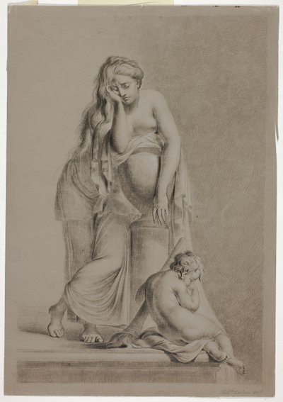 Figura femminile allegorica piangente con putto da Richard Earlom