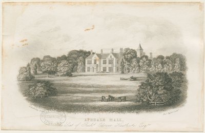 Casa e Parco di Apedale Hall: incisione in acciaio, nd [?fine 18° sec.] da Richard Edensor Heathcote